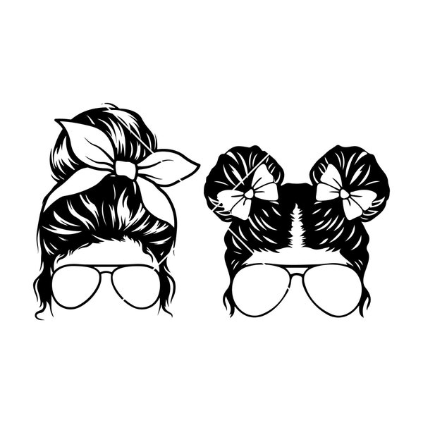 Fillable Transparent Aviator Glasses Bow Messy Bun Woman Mom Kid Life PNG and SVG, Mom Daughter svg, Family Life Bundle svg, Messy Bun Svg