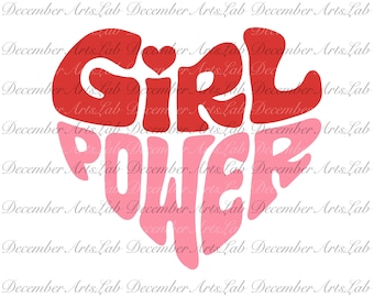 May include: A red and pink heart-shaped graphic with the text "Girl Power" in a retro style font.