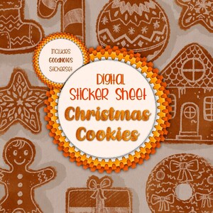 Könnte beinhalten: Digitaler Stickerbogen mit Weihnachtskeksen. Der Bogen enthält ein Lebkuchenhaus, einen Zuckerstock, einen Strumpf, einen Stern, einen Lebkuchenmann, einen Kranz, ein Geschenk und einen Weihnachtsbaumschmuck. Die Kekse sind in Aquarell-Manier auf braunem Hintergrund gezeichnet.