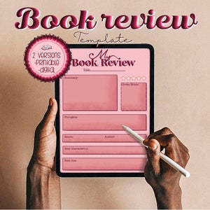 Könnte beinhalten: Ein rosa-weißes digitales Tablet zeigt eine Vorlage für eine Buchrezension. Die Vorlage enthält Abschnitte für Titel, Zusammenfassung, Gedanken, Genre, Autor, beste Figur, beste Zeile und Cover-Notizen. Das Tablet wird von einer Hand gehalten.