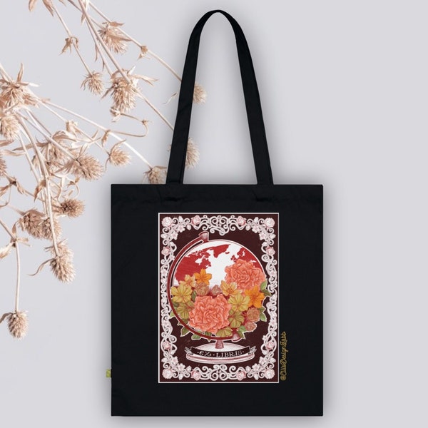 Organic Cotton Tote Bag with handdrawn design | aesthetic | Laptoptasche | Blumen | Schule | Globus