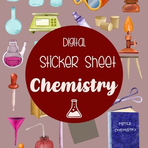 Może przedstawiać: Cyfrowy arkusz naklejek z czerwonym tłem i tekstem "Cyfrowy arkusz naklejek Chemia". Arkusz zawiera różne ilustracje związane z chemią, w tym zlewki, kolby, probówki, palnik Bunsen, wagę i książkę zatytułowaną "Notatki z chemii".