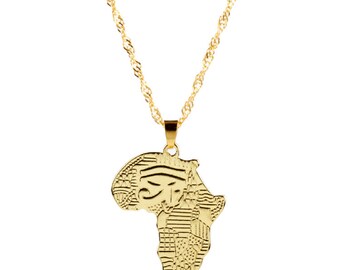 Africa Eye of Ra Detail Gold Map Necklace