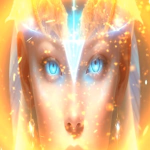 May include: Digital art portrait of a person with light skin, blue eyes, and long white hair. The image is bathed in warm, golden light, with a glowing halo and intricate details. The overall theme is ethereal and spiritual.