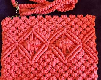 Handmade Natural Macrame Coral Pink Crossbody Bag Perfect Gift Idea