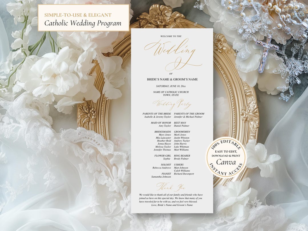 Elegant Catholic Wedding Program Template: Gold Script (canva, 4x9 Inch ...