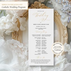 Elegant Catholic Wedding Program Template: Gold Script (Canva, 4x9 Inch, Digital Download)