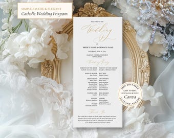Elegant Catholic Wedding Program Template: Gold Script (Canva, 4x9 Inch, Digital Download)