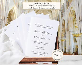 Bilingual Catholic Wedding Mass Program: Spanish English Template (Canva Editable, Printable Booklet)