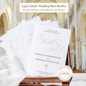 4-Page Catholic Wedding Program Template, Nuptial Mass Booklet, Gold Script (Canva)