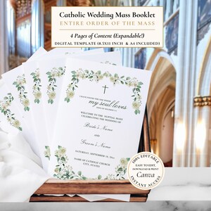 White Floral Catholic Wedding Program Template: Nuptial Mass (Canva Download)