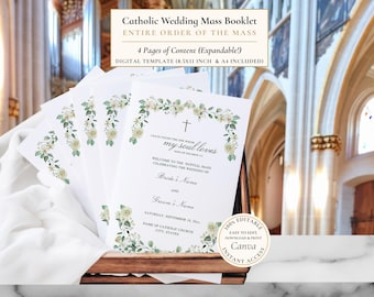 White Floral Catholic Wedding Program Template: Nuptial Mass (Canva Download)