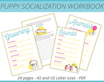 印刷可能な子犬の社会化ワークブック - かわいいカラフルなガイド - Bujo 子犬トラッカー - A5 およびレター