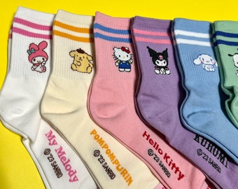 Sanrio Varsity style Sports Cotton Ankle line Soft Socks- Ultra Soft Kuromi, Cinnamoroll, My Melody, Pochaco-Birthday Gift-2 Line Socks