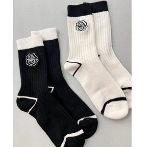 Luxury Camelia Rib Ankle Socks-Black & White - Balletcore, Hot trend Kpop Fashion korea style Girl's Socks