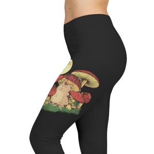 Magic Mushroom cat frog moon cottagecore Leggings, goblincore, botanical, Loungewear, pajamas, fun yoga home workout pants