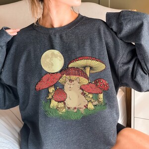 Mushroom cat Frog moon cottagecore botanical goblincore crewneck sweatshirt for women.