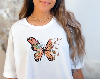 Monarch butterfly floral crewneck t-shirt for women, gift for her, butterfly lovers gift, butterflies.