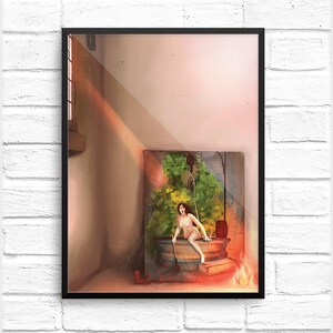 May include: A woman sits on a stone well in a dimly lit room. She is nude and has long brown hair. The well is surrounded by greenery and a fire burns in the foreground. The room has a window with sunlight streaming in.