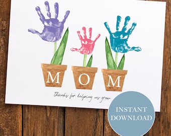 Mom Thanks For Helping Us Grow Sibling Handprint Craft Art | 3 Hands | Baby Toddler Child | DIY Sibling Gift for Mothers Day | Printable