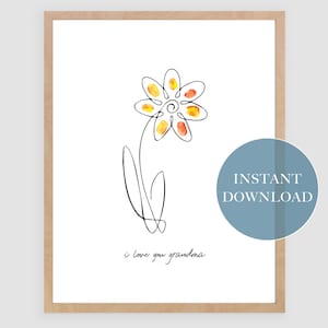 Op de afbeelding: Afdrukbare kunstprint met een eenvoudige lijntekening van een bloem met gele en oranje aquarel accenten. De tekst "i love you grandma" staat onder de bloem.