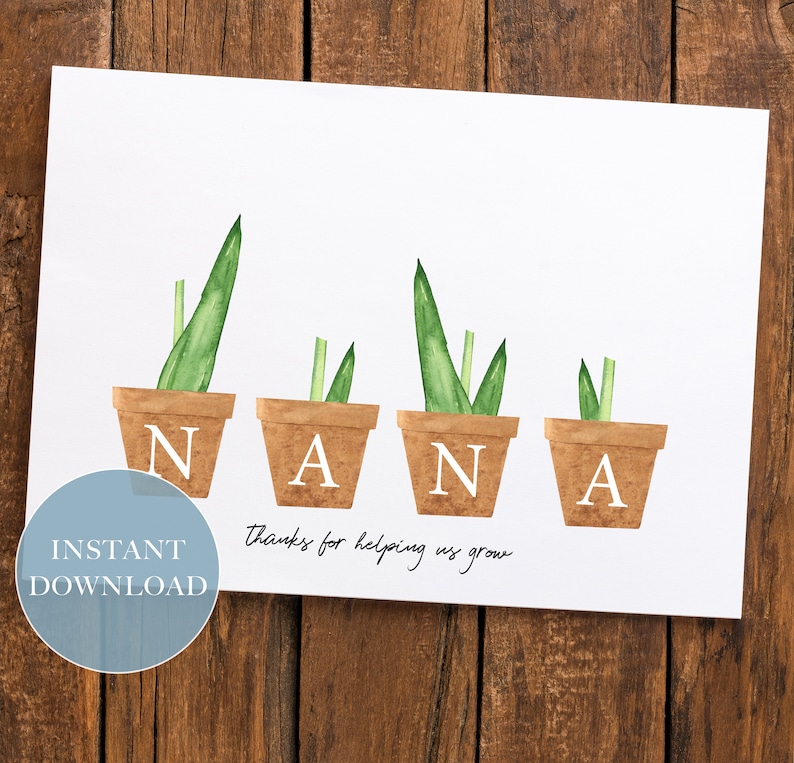 May include: A white card with the word "NANA" spelled out with four potted plants. Each pot has a letter of the word "NANA" on it. The card says "Thanks for helping us grow".