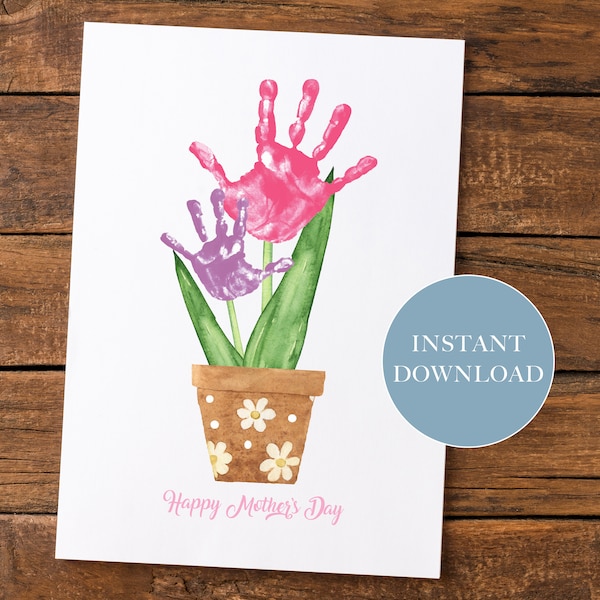 Happy Mothers Day Sibling Handprint Craft Art | Tulip 2 Hands | Baby Toddler Child | Decor Nursery Activity Gift Diy Card | Printable Craft