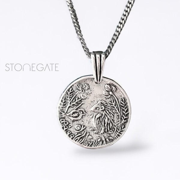 Sterling Silver Mens Necklace Hedgehog Coin Pendant