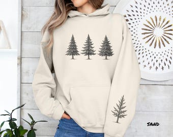 Felpa con cappuccio Tre Pini, Felpa minimalista da foresta, Felpa con cappuccio per amanti della vita all'aria aperta