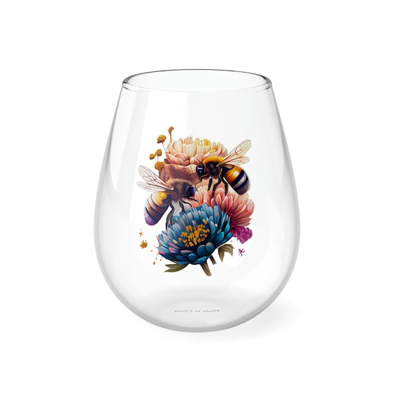 Stemless Wine Glass Beautiful Bees and Flowers Wine Glass 