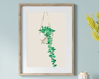 Hanging Plant Print Art, Minimalist Houseplant Art, Houseplant Art Print, Gift for Plant Lover, Green Wall Art, Printable Wall Art