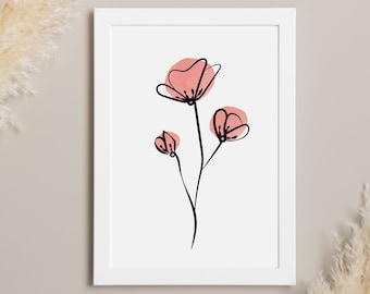 Blush Pink Floral Wall Art, Flower Line Art Print, Minimalist Flower Wall Art, Floral Line Art, Blush Pink Art, Printable Wall Art