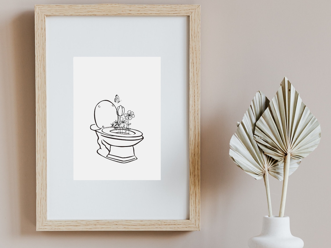 Printable Bathroom Wall Art With Toilet and Flowers, Minimalist ...