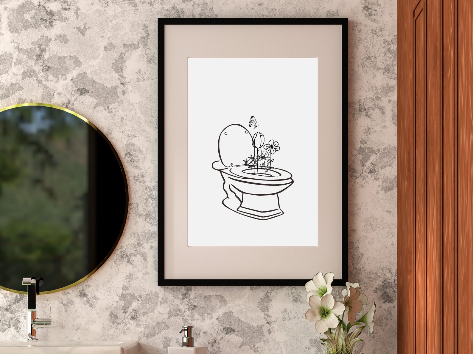 Printable Bathroom Wall Art With Toilet and Flowers, Minimalist ...
