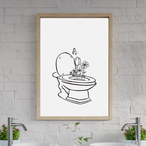 Printable Bathroom Wall Art With Toilet and Flowers, Minimalist ...