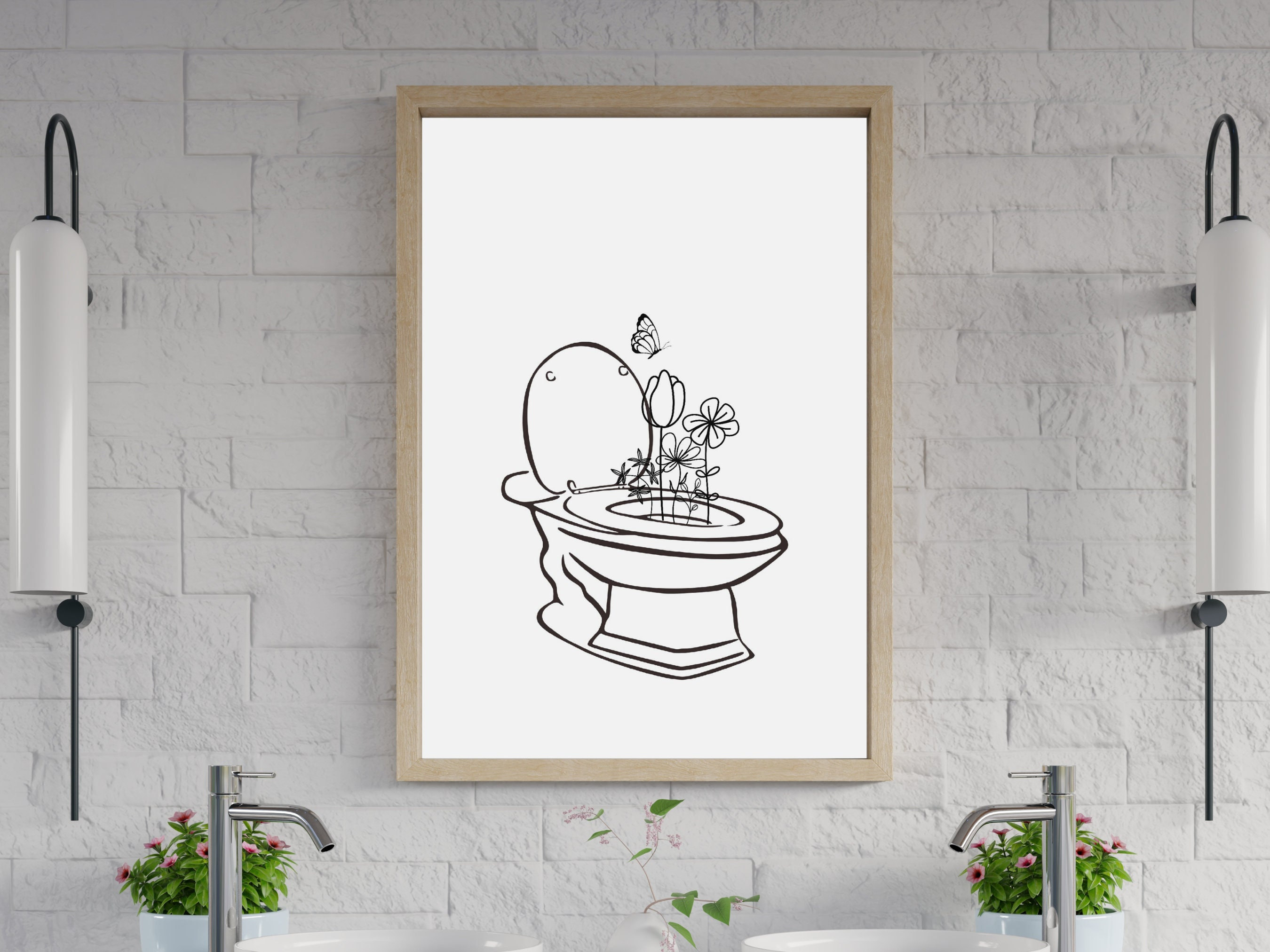 Printable Bathroom Wall Art With Toilet and Flowers, Minimalist ...