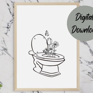 Printable Bathroom Wall Art With Toilet and Flowers, Minimalist ...