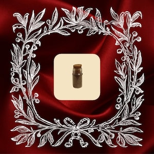 May include: A small glass bottle with a cork stopper, filled with a dark brown substance. The bottle is sitting on a cream-colored background.