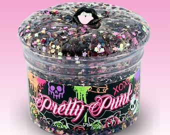 8oz Unscented Clear Slime w/ Black Holo Glitter, Neon Stars, & Black Lips Charm