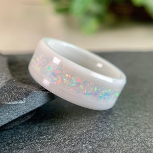 Pink and Blue Opal Ring: White Ceramic Wedding Band, “Cotton Candy”