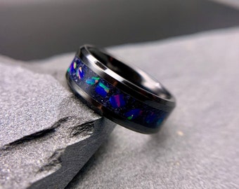 Galaxy Opal Ring, "The Andromeda," Black Ceramic Band, Ceramic Wedding Band, Men's and Women's Engagement Ring, 8mm