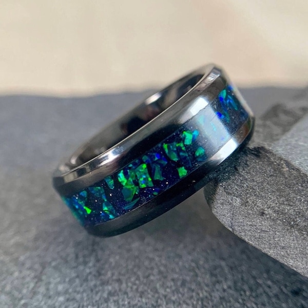 Northern Lights Ring, "The Aurora Borealis," Black Ceramic Band, Ceramic Wedding Band, Men's and Women's Engagement Ring, 8mm