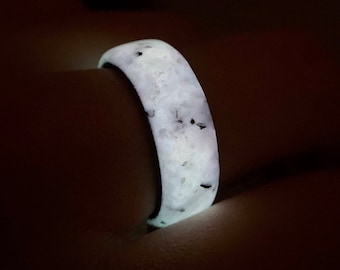 Glowing Moonstone Ring, "The Infinite Moonlight," Black Ceramic, Wedding Band, Men's and Women's Engagement Ring, 8mm, Glowstone Ring