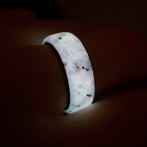 Glowing Moonstone Ring, "The Infinite Moonlight," Black Ceramic, Wedding Band, Men's and Women's Engagement Ring, 8mm, Glowstone Ring