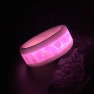 Glowing Pink Opal Ring, &quot;The Cherry Blossom,&quot; White Ceramic Band, Opal Wedding Band, Engagement Ring, 8mm/6mm, Vibrant, Glow Ring