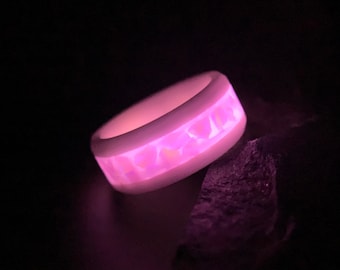 Glowing Pink Opal Ring, "The Cherry Blossom," White Ceramic Band, Opal Wedding Band, Engagement Ring, 8mm/6mm, Vibrant, Glow Ring