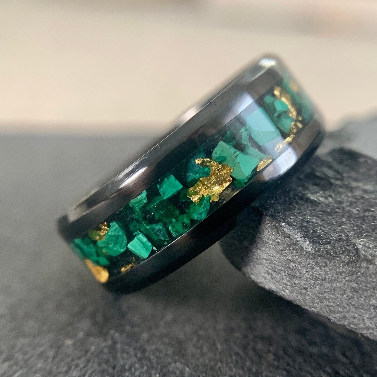 Malachite 24k Gold Ring, "The Lush," Black Ceramic Band, Black Green Wedding Band, Men's and Women's Engagement Ring, 8mm