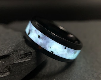 Glowing Moonstone Ring, "The Moonlight," Black Ceramic, Wedding Band, Men's and Women's Engagement Ring, 8mm, Neutral Colors, Glowstone Ring