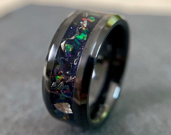 Nebula Opal Ring, "The Nebula," Meteorite Opal Ring, Black Ceramic Band, Ceramic Wedding Band, Men's and Women's Engagement Ring, 8mm