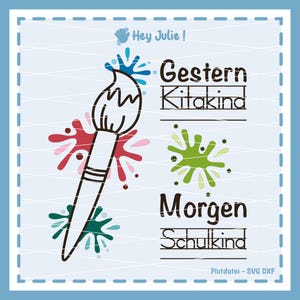 Op de afbeelding: Een lichtblauw vierkant ontwerp met een penseelillustratie en kleurrijke verfspatten. De tekst luidt "Hey Julie!" en de Duitse zinnen "Gestern Kitakind" en "Morgen Schulkind".